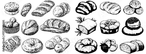 Detailed monochrome drawing of a bakery depicting freshly baked bread, wheat ears, and baking flour. Collection of elegant monochrome vintage drawings of pastry products.