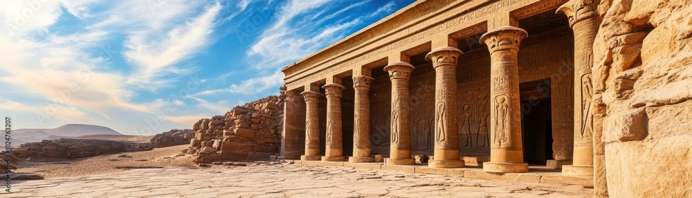 Temple ruins buried in shifting desert sands with ancient carvings, Ancient Egypt, archaeology, historical decay, timeless beauty Temple ruins buried in shifting desert sands with ancient carvings, Ancient Egypt, archaeology, historical decay, timeless beauty