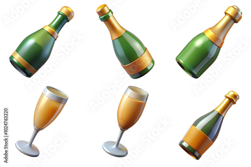 3d render set of champagne isolated on transparent background Cartoon Illustration in plastic style