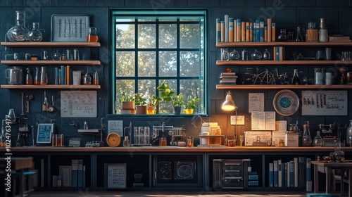 A cozy laboratory filled with books, plants, and scientific equipment.