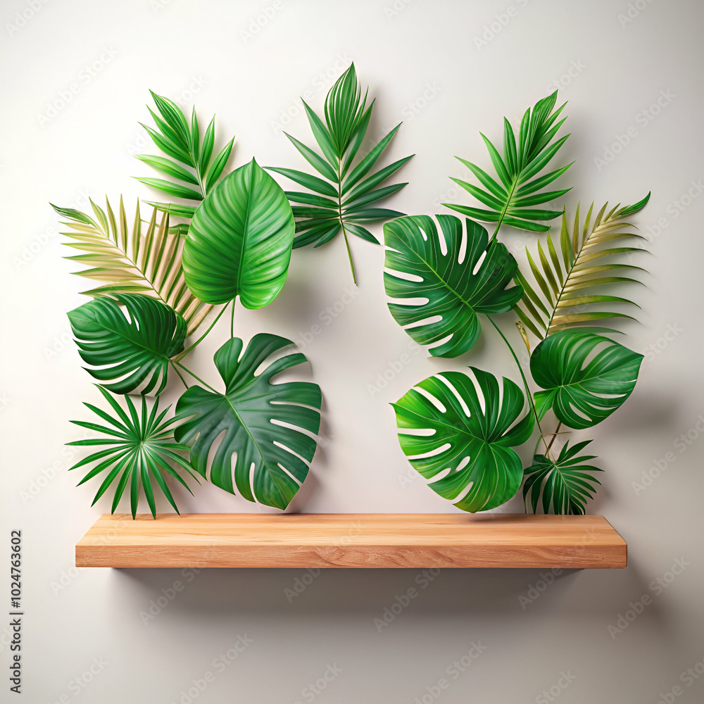 An empty natural wooden shelf adorned with vibrant green tropical leaves, cut out against a plain background An empty natural wooden shelf adorned with vibrant green tropical leaves, cut out against a plain background