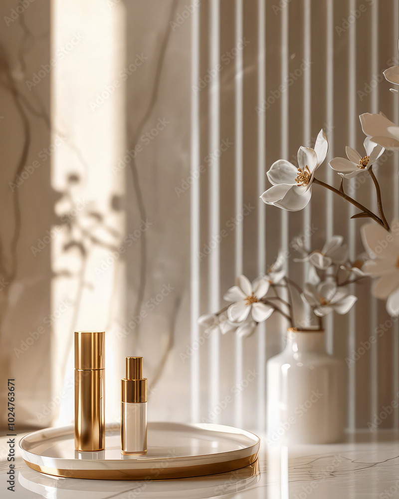 Luxury, marble interior of bathroom with countertop, golden accessories, cosmetics, product bottles, flowers. Vertical Showcase. Contemporary hotel design. Generative ai Luxury, marble interior of bathroom with countertop, golden accessories, cosmetics, product bottles, flowers. Vertical Showcase. Contemporary hotel design. Generative ai