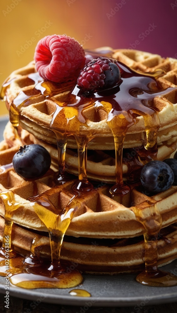 Stack of waffles topped with fresh fruit and syrup close-up shot Stock ...
