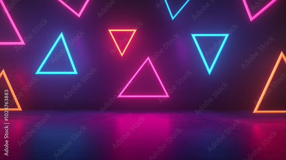 Fototapeta premium Vibrant neon triangles with glowing colors against a dark background.