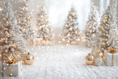 Luxurious indoor Christmas scene with a white floor and a pure white background. photo