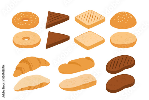 Cartoon sliced bread. cut baguette, croissant, bagel, toast, french bakery products with slices, fresh baked dough food, sliced toasts. Vector bakery set.