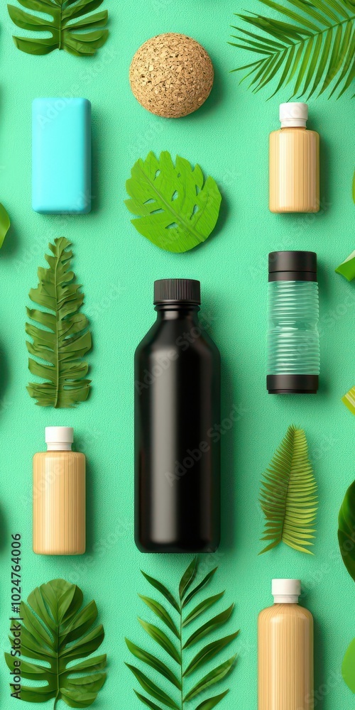 Modern bottles with tropical leaves, flat lay style Modern bottles with tropical leaves, flat lay style