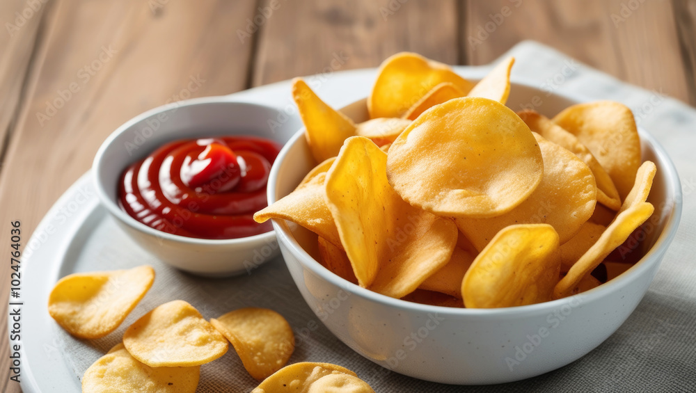 Crispy chips in a white bowl with ketchup on a rustic wooden table. Crispy chips in a white bowl with ketchup on a rustic wooden table.