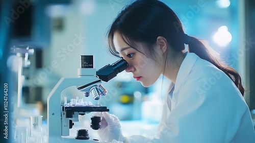 Japanese medical researcher working a laboratory studying cancer cells under a microscope science and research