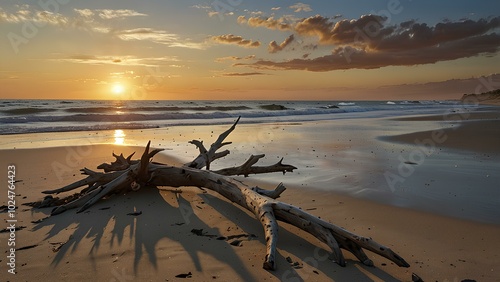 Deserted Beach with Driftwood and Calm Ocean Waves: Serene Sunset Coastal Scene