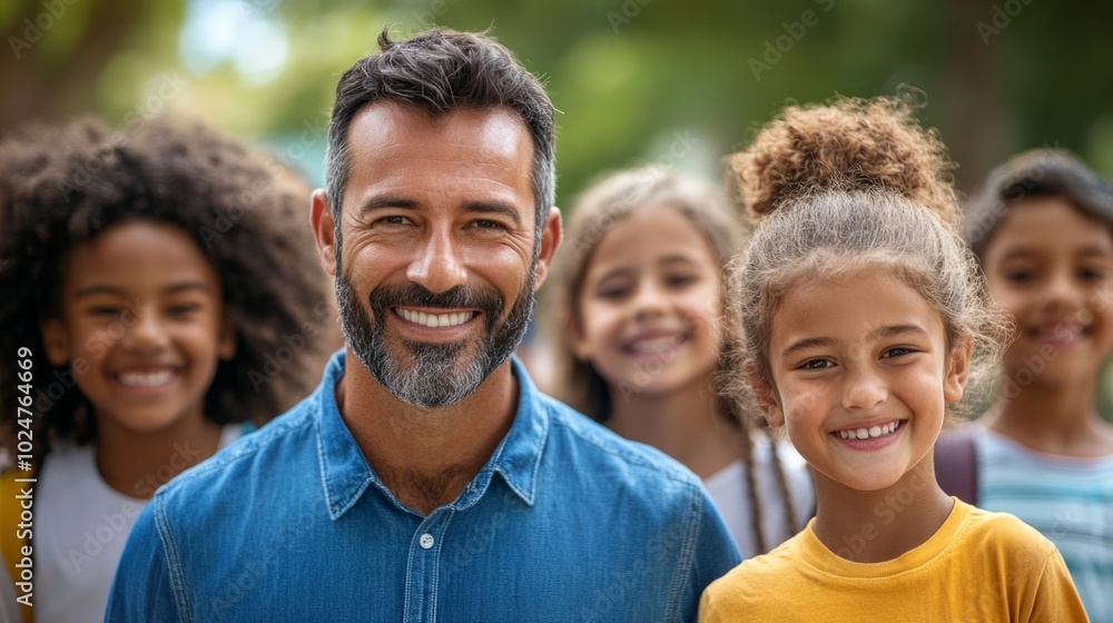 A man and a girl are smiling for the camera A man and a girl are smiling for the camera
