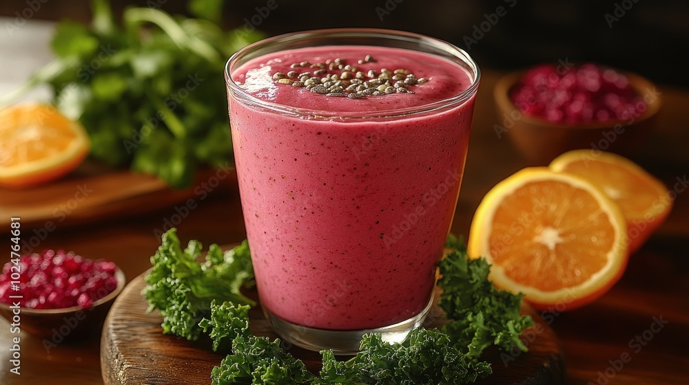 A vibrant smoothie garnished with seeds and surrounded by fruits. A vibrant smoothie garnished with seeds and surrounded by fruits.