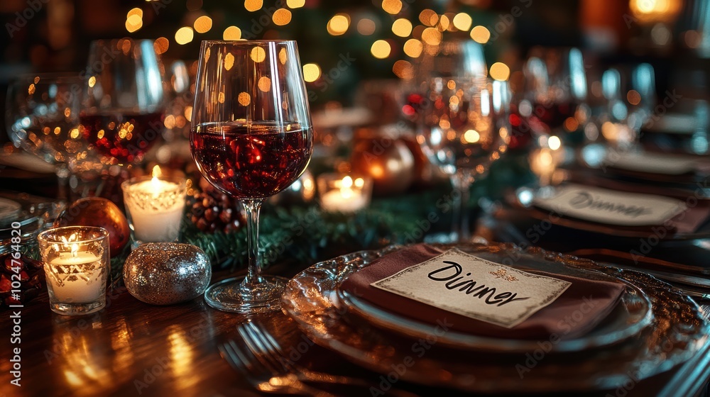 A beautifully decorated dinner table set for a festive holiday meal with wine glasses, candles, and elegant place settings creating a warm and inviting ambiance A beautifully decorated dinner table set for a festive holiday meal with wine glasses, candles, and elegant place settings creating a warm and inviting ambiance
