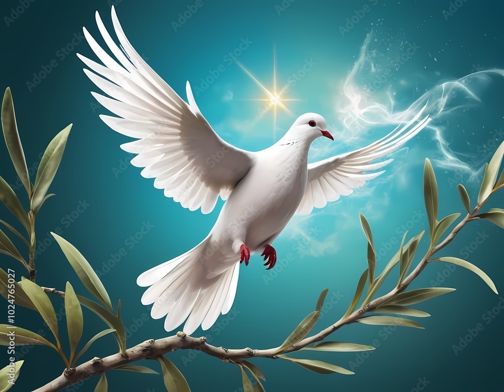 A graceful white dove in flight amid olive branches, biblical story, Christianity, dove of peace A graceful white dove in flight amid olive branches, biblical story, Christianity, dove of peace