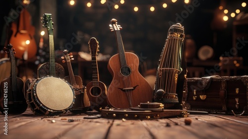 A collection of traditional Irish instruments, elegantly arranged on a wooden stage, ready for a lively celebration