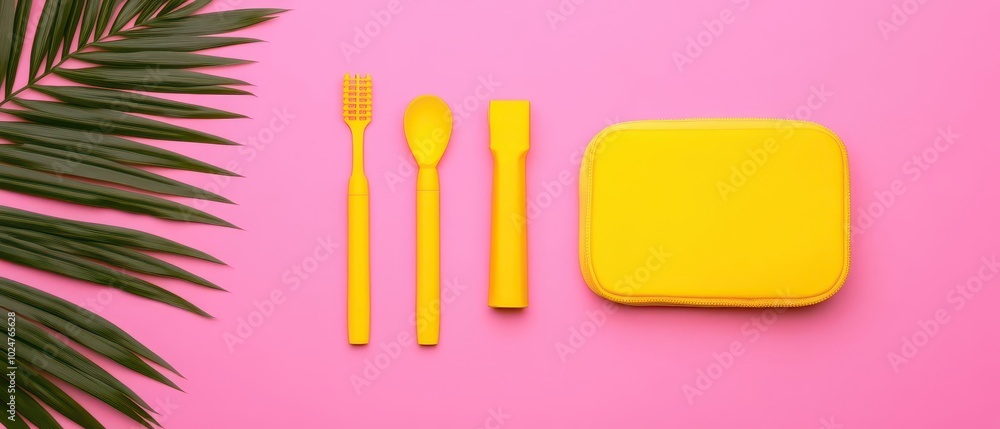 Yellow cutlery set on pink background Yellow cutlery set on pink background