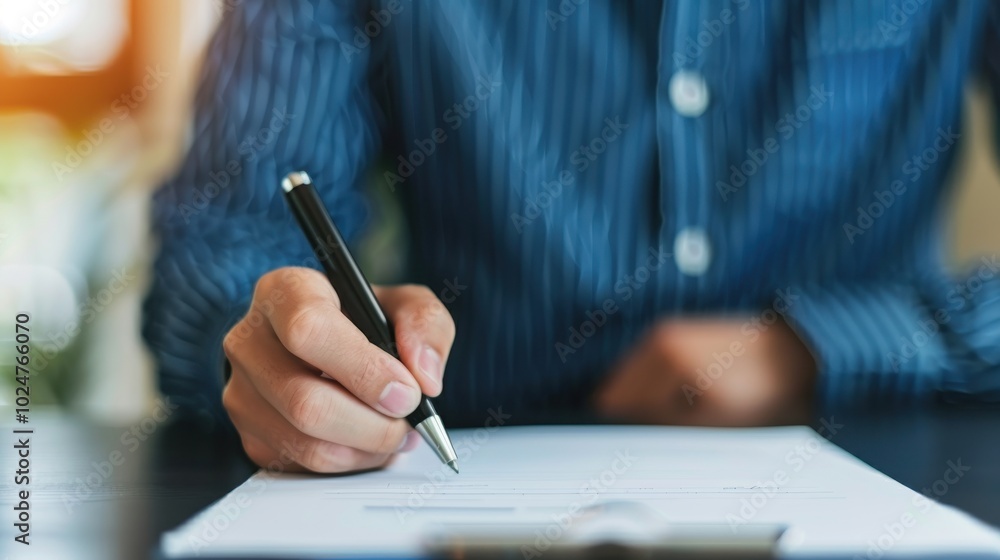 Close-up of a person in a blue shirt writing with a pen on a sheet of paper, symbolizing productivity and focus in a professional setting. Close-up of a person in a blue shirt writing with a pen on a sheet of paper, symbolizing productivity and focus in a professional setting.