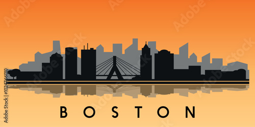 Black and white silhouette of Boston city skyline with reflection in the water. Vector on orange background 