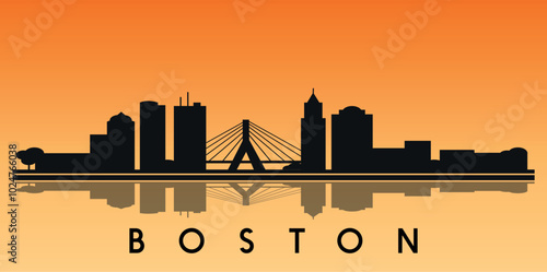 Black and white silhouette of Boston city skyline with reflection in the water. Vector on orange background 