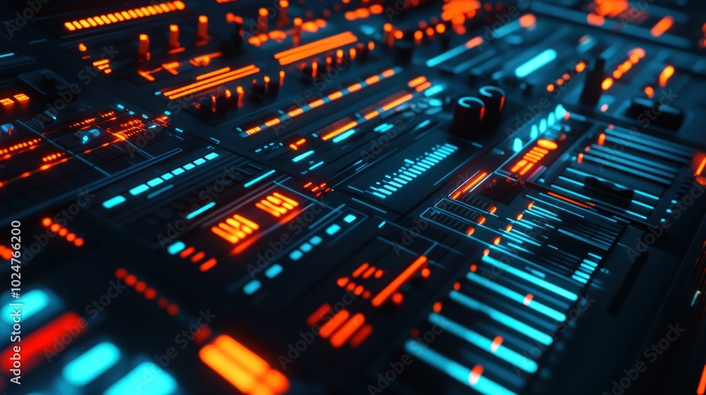 Obraz premium Futuristic digital interface with glowing orange and blue buttons, knobs, and meters.