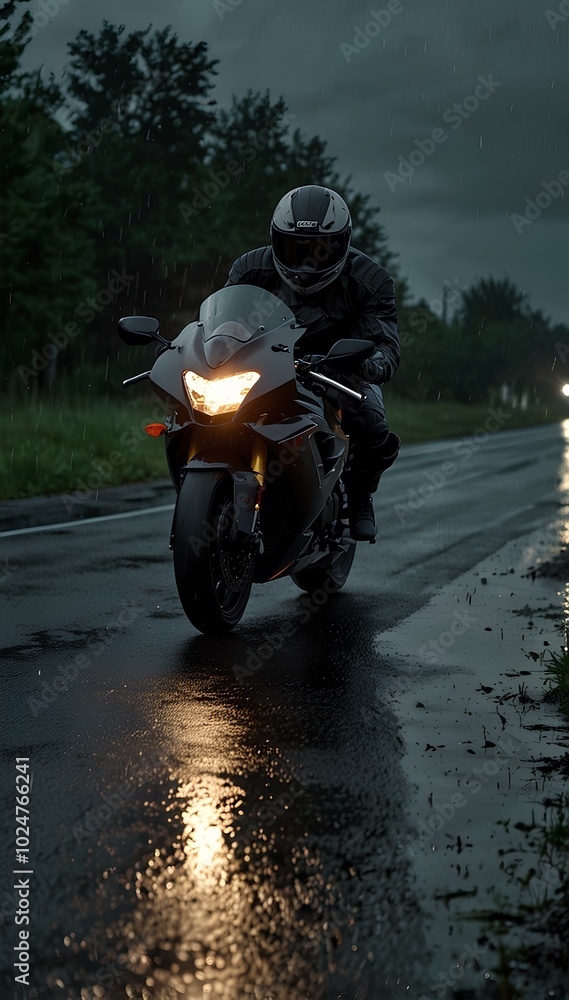 Obraz premium High-Speed Motorcycle Racing Down a Rain-Soaked Road at Night