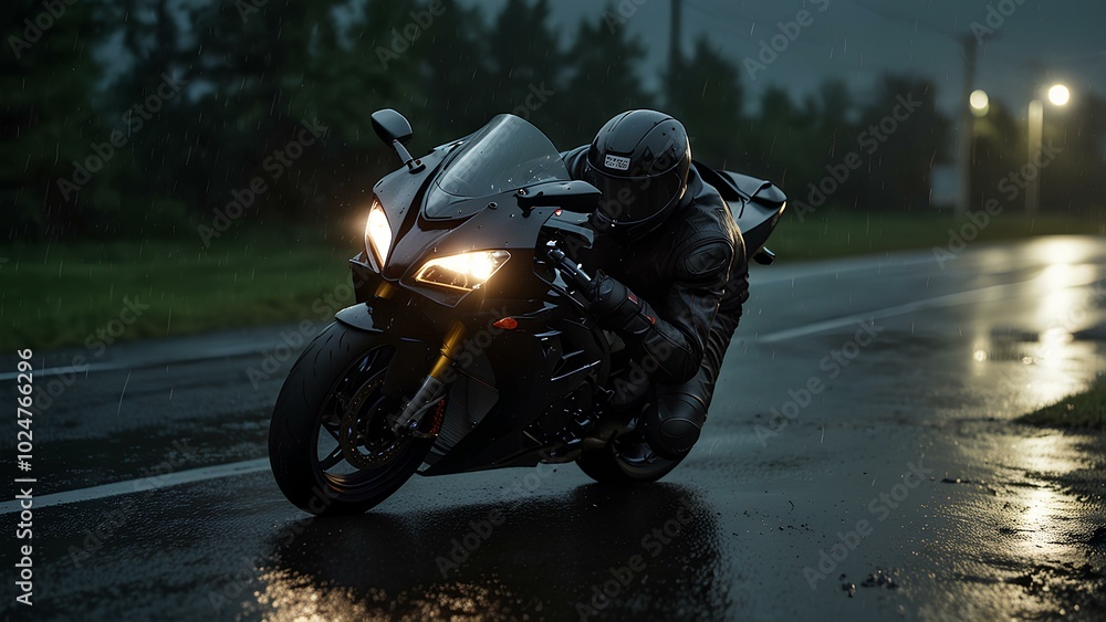 High-Speed Motorcycle Racing Down a Rain-Soaked Road at Night High-Speed Motorcycle Racing Down a Rain-Soaked Road at Night