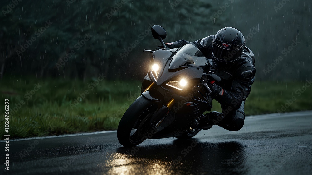 High-Speed Motorcycle Racing Down a Rain-Soaked Road at Night High-Speed Motorcycle Racing Down a Rain-Soaked Road at Night