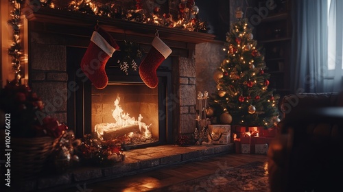 A cozy fireplace with stockings hung, surrounded by New Year decorations