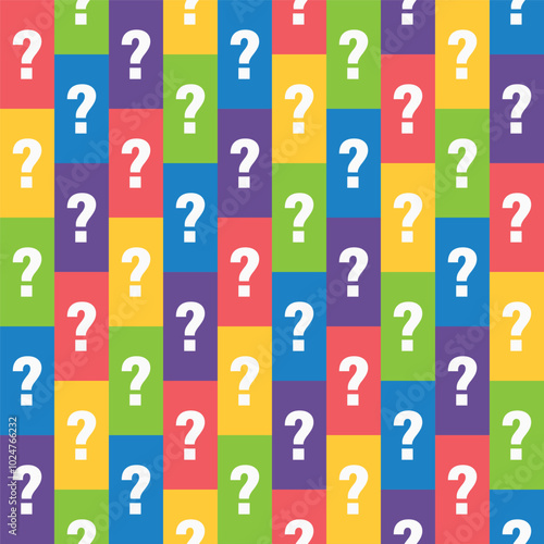 random white question mark pattern in colorful squares, mystery box