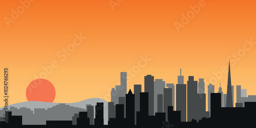 Canvas Print Black and white silhouette of San Francisco city skyline on the background of big orange sunset