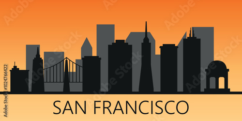 Black and white silhouette of San Francisco city skyline on orange background. Vector graphics