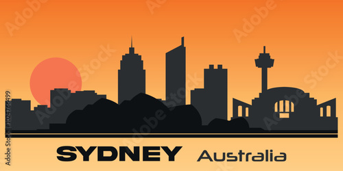 WebBlack and white silhouette of Sydney city skyline on the background of big orange sunset. Vector graphics	