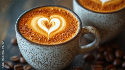 A cup of coffee with a heart-shaped foam, isolated on white background. 