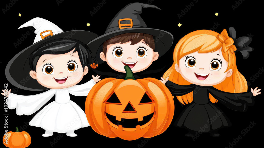 Halloween Kids with Pumpkin and Witch Hats Halloween Kids with Pumpkin and Witch Hats