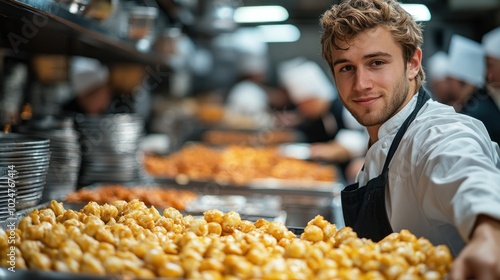 Chef presenting a large tray of golden pastries in a busy kitchen.