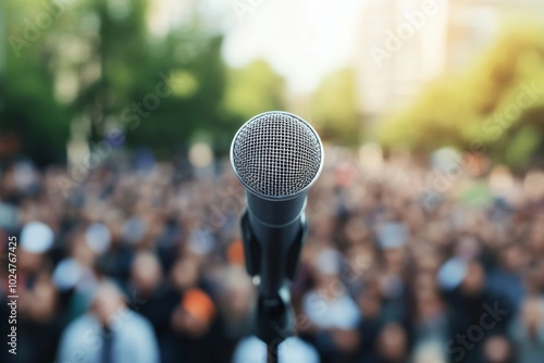 Microphone and blurred background of a large crowd during an outdoor political speech.