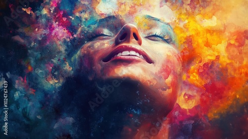 A woman's face emerges from a vibrant, abstract, colorful background, symbolizing inner peace and serenity.