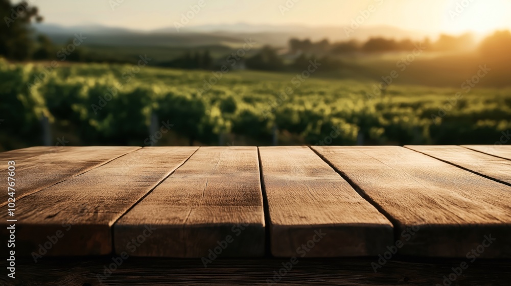 Wooden table surface in foreground with blurred vineyard landscape during sunset in background, featuring rolling hills and warm sunlight. Wooden table surface in foreground with blurred vineyard landscape during sunset in background, featuring rolling hills and warm sunlight.