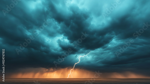 A dramatic sky filled with dark storm clouds illuminated by flashes of lightning, creating a powerful and awe-inspiring atmosphere over a distant horizon.