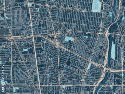 Painterly Style City Map of Lynwood  California, USA in a Blue Color Scheme.