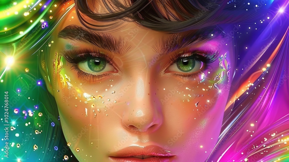 Vivid portrait of woman with green eyes, in rainbow hues. Vivid portrait of woman with green eyes, in rainbow hues.