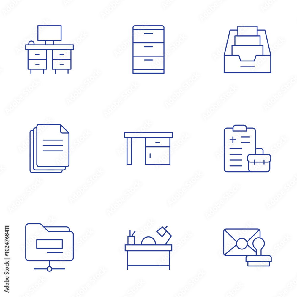 Office icons set. Thin Line style, editable stroke. documents, folder, drawer, desk, office syndrome, office, mail Office icons set. Thin Line style, editable stroke. documents, folder, drawer, desk, office syndrome, office, mail