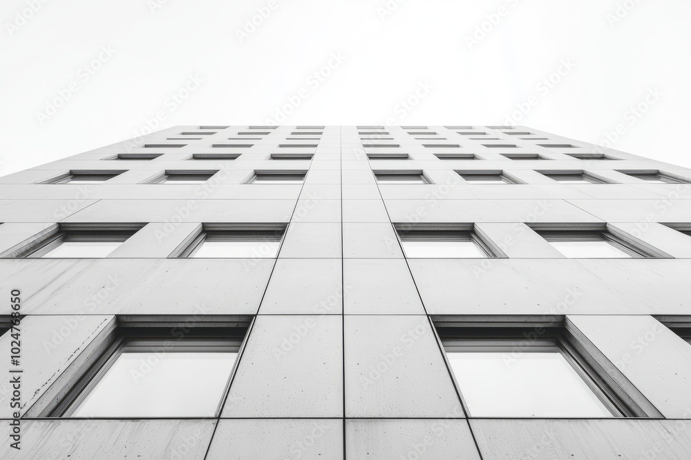 A low-angle view of a modern office building with a grid of windows. A low-angle view of a modern office building with a grid of windows.