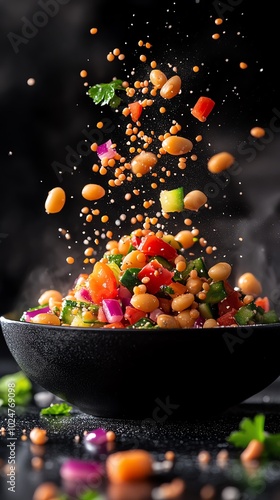 Colorful and crunchy moong dal chaat with sprouted green gram beans and diced vegetables