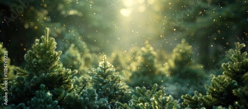 Enchanting Snowy Pine Forest with Glittering Sunbeams and Sparkling Frost A Captivating Winter Landscape of Tranquil Beauty and Magical Atmosphere