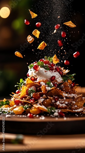 Colorful and crunchy papdi chaat topped with yogurt, chutneys, and a sprinkle of pomegranate seeds