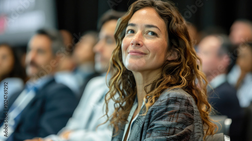 A woman, her eyes sparkling with interest, is captivated by the speaker at a conference.