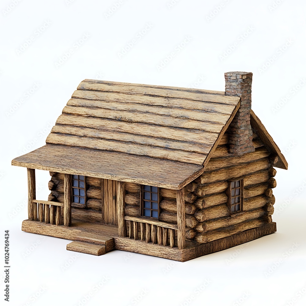 A wooden cabin model showcasing rustic architecture with a chimney and front porch. A wooden cabin model showcasing rustic architecture with a chimney and front porch.