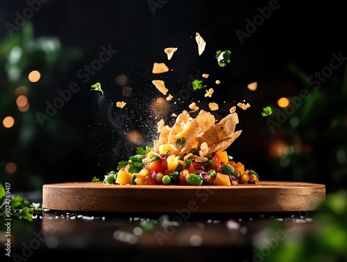 Colorful and crunchy sev puri topped with diced vegetables, chutneys, and crispy sev noodles photo