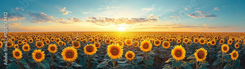 A vibrant, expansive sunflower field under a clear blue sky, with the bright yellow blooms stretching toward the sun. photo